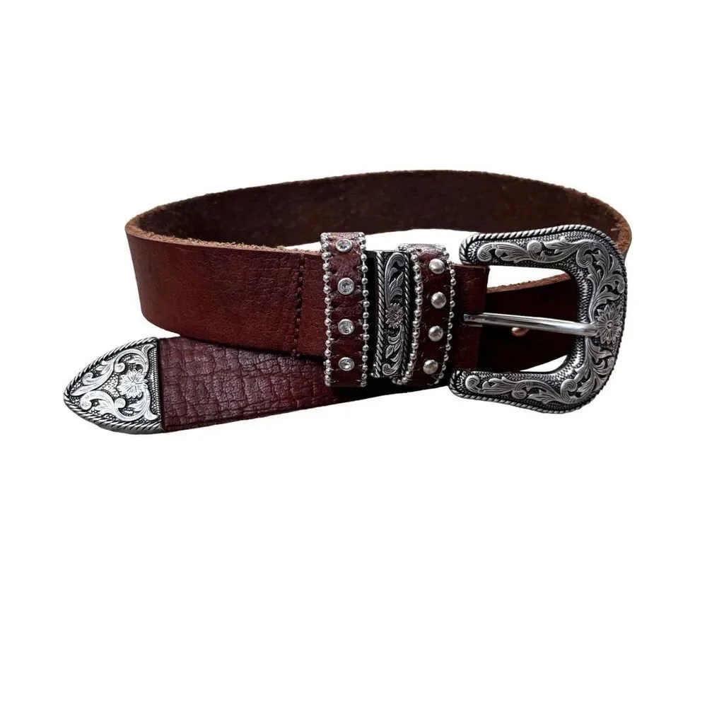 3D embossed silver / leather belt girls belt